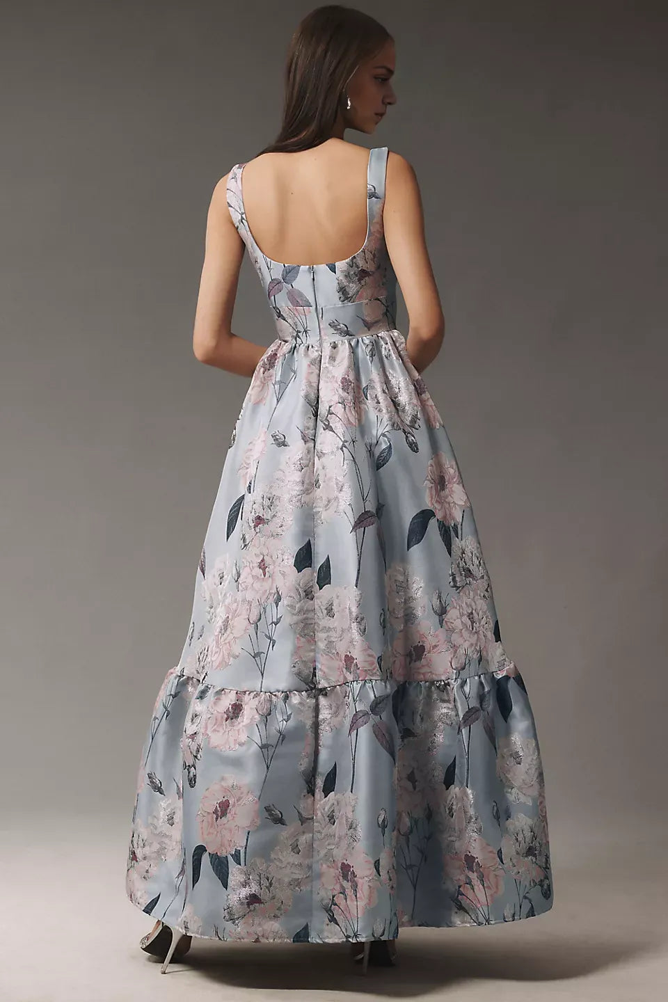 Robe Weitese à col carré, robe longue en satin à imprimé floral romantique, sans manches, coupe trapèze, bretelles larges, robe de bal